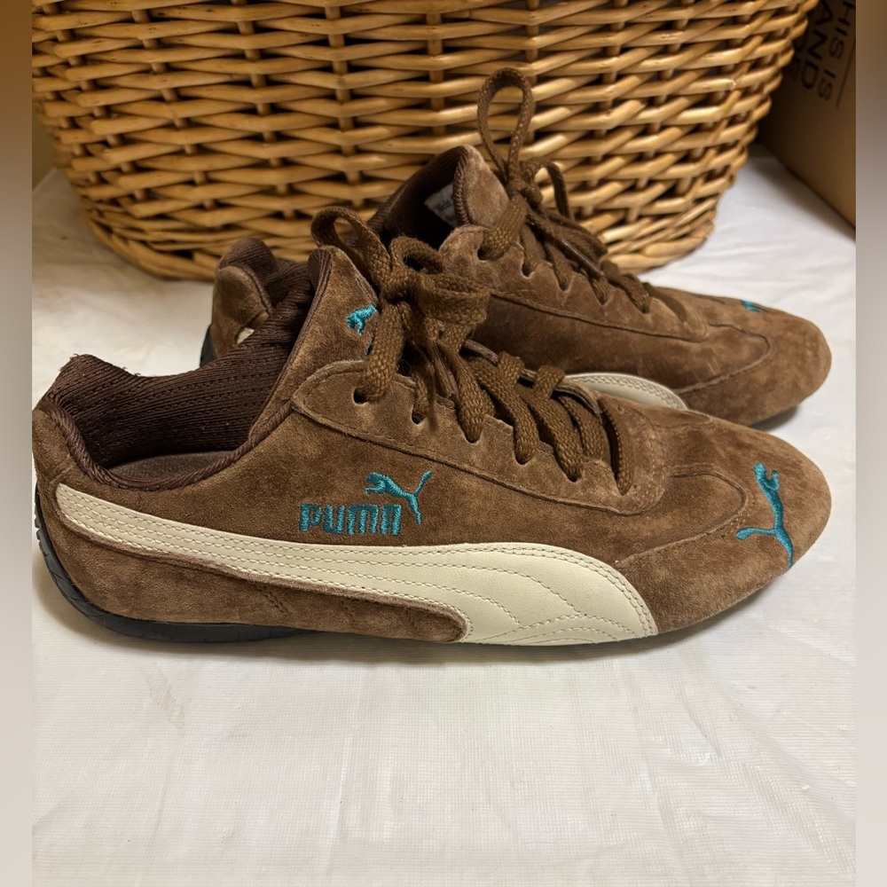 Puma Speed Cat Y2K Suede Sneakers in Brown and Cream with Blue Accents